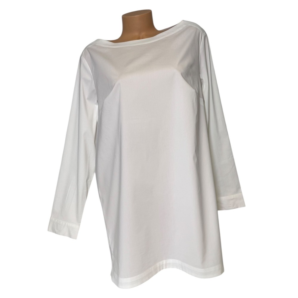 J Jill Women's 1X Plus White Long Sleeve Boat Neck Tunic Pocket Top Blouse Shirt